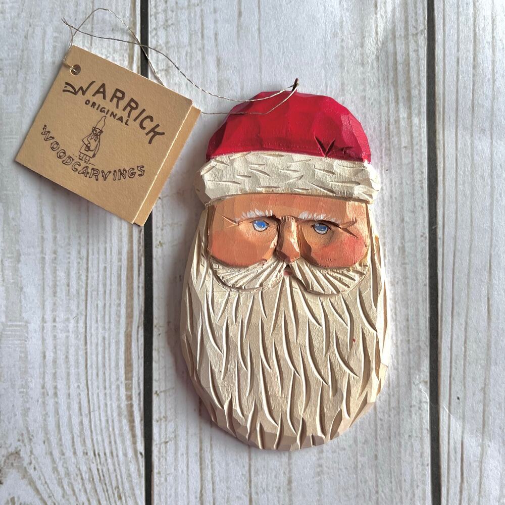 Vintage Hand Carved Wooden Santa Head Ornament Signed 1990 Original Tag Folk Art